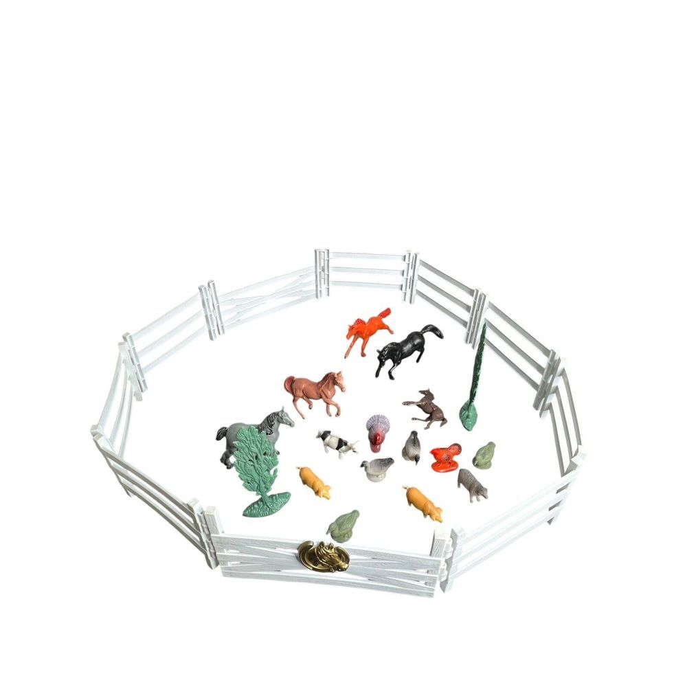 Toy Farm Animals Figures Playset with Fence Horses Pigs Cows Turkey